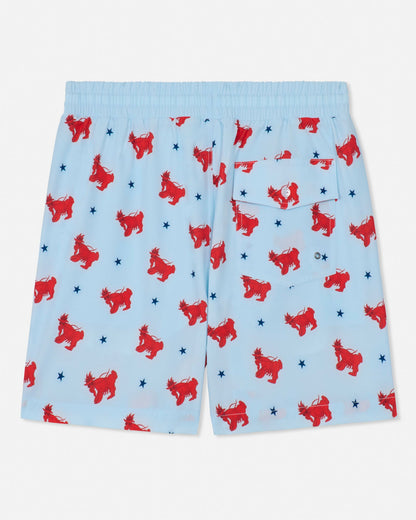 Light blue bathing suit with red lobster  goat pattern on a white background