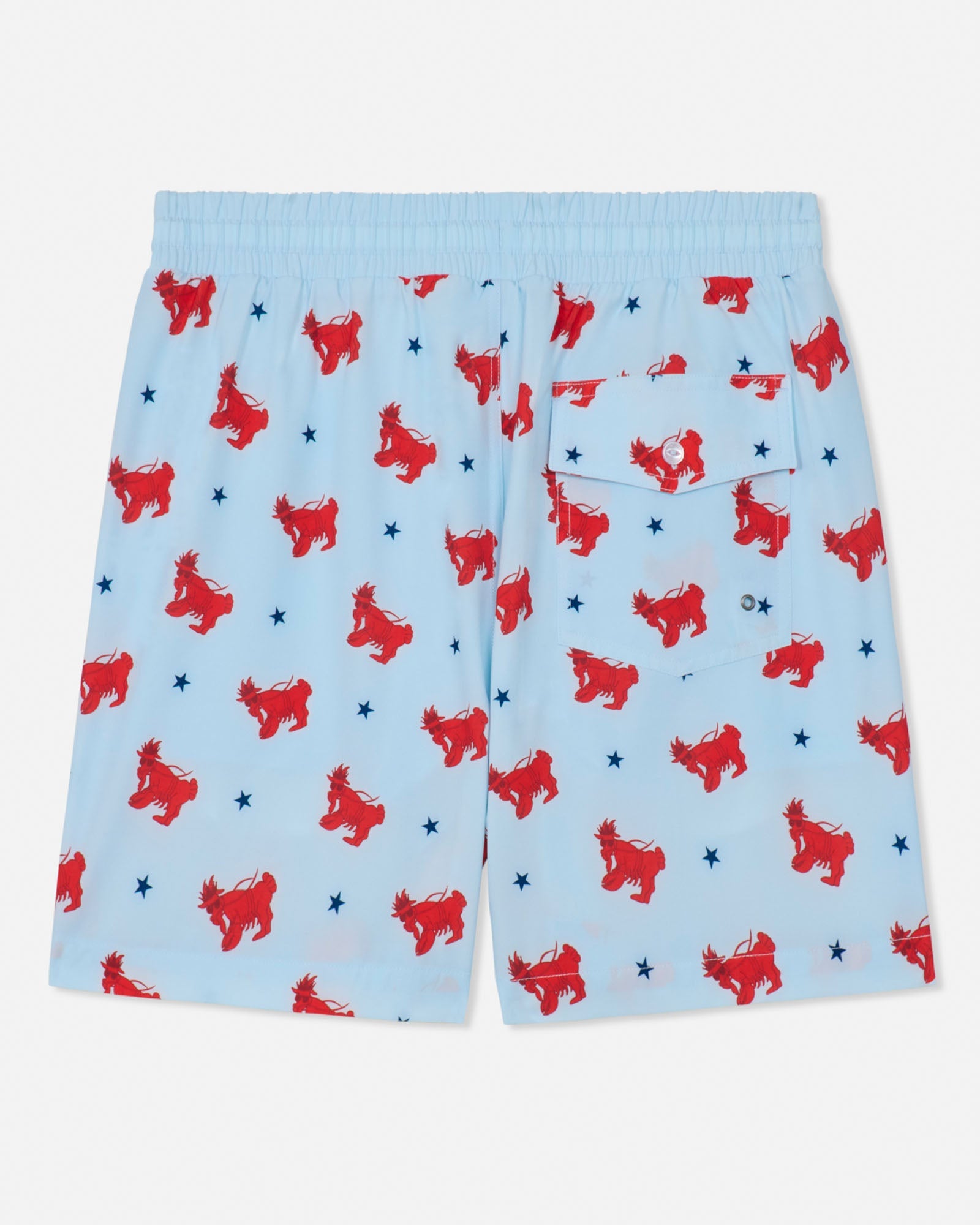 Light blue bathing suit with red lobster  goat pattern on a white background