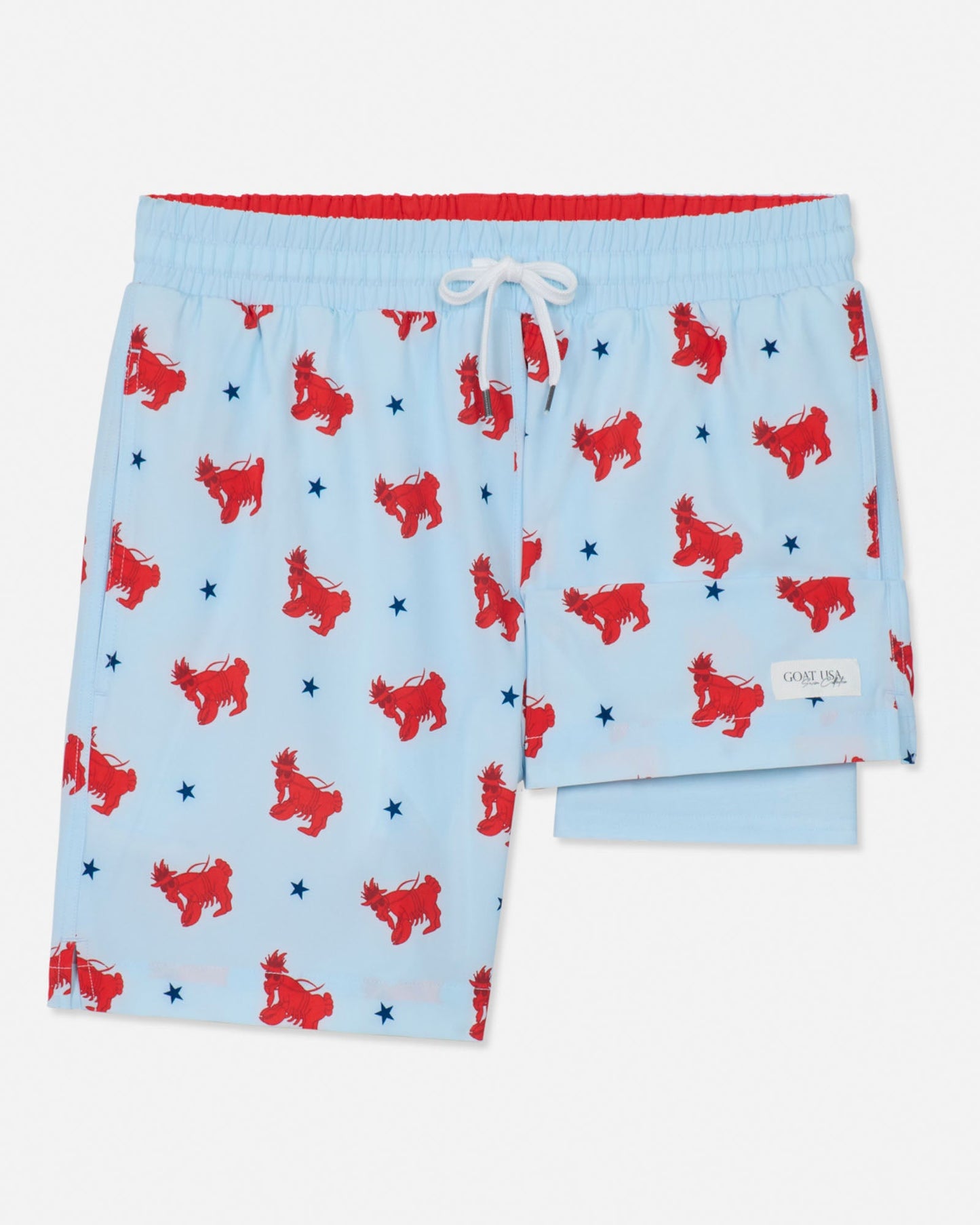 Light blue bathing suit with red lobster goat pattern on a white background