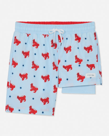 Light blue bathing suit with red lobster goat pattern on a white background