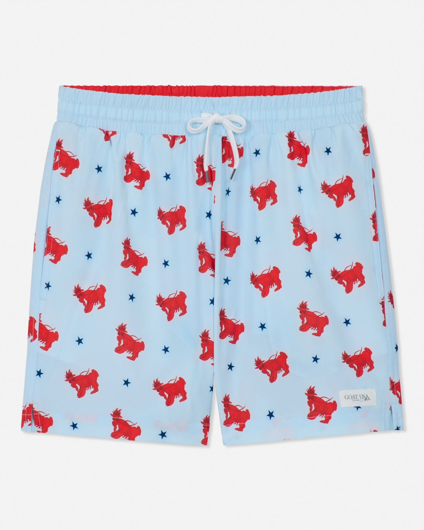 Light blue bathing suit with red lobster goat pattern and white drawstring on a white background