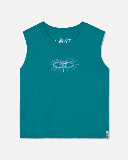 Teal tank top with a logo on a white background