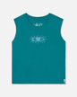 Teal tank top with a logo on a white background