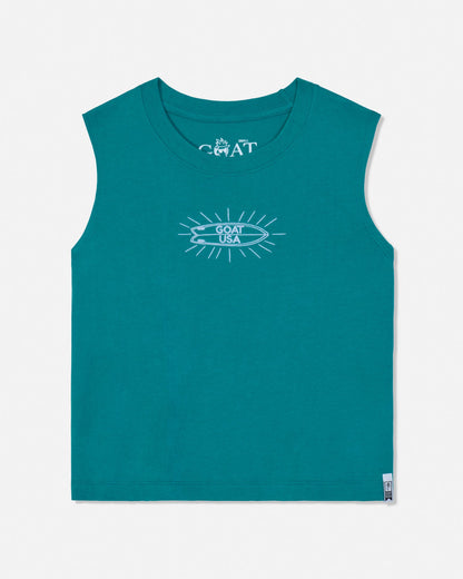 Teal tank top with a logo on a white background