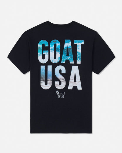 Black t-shirt with 'GOAT USA' text on a white background