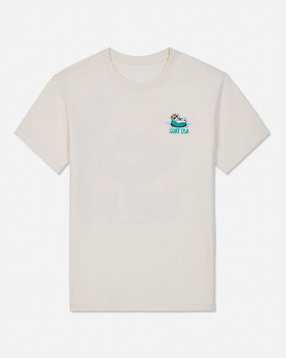 Beige t-shirt with a small graphic on a white background