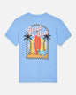 Light blue t-shirt with a graphic design of palm trees, a surfboard, and text on a white background