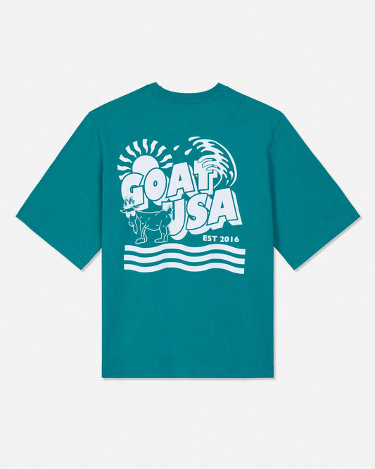Teal t-shirt with white graphic design on a white background