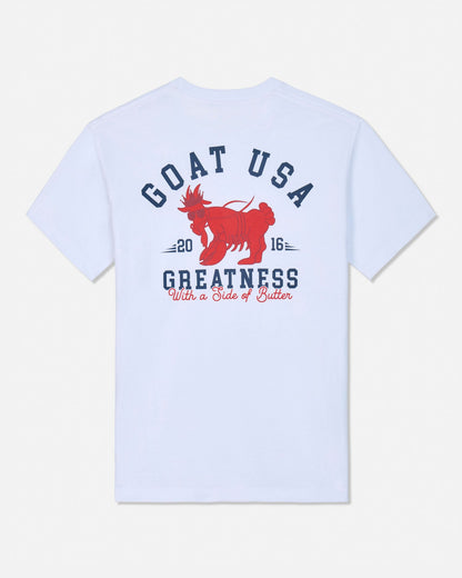 White t-shirt with red and navy graphic design on a white background