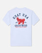 White t-shirt with red and navy graphic design on a white background