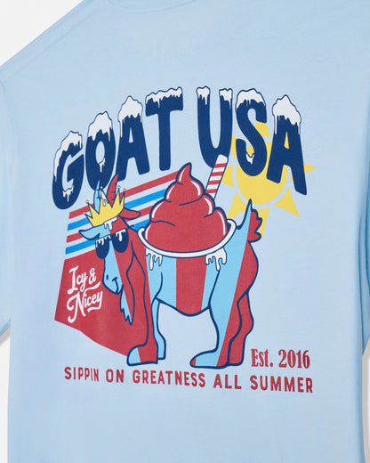 Light blue t-shirt with 'GOAT USA' graphic featuring a goat in sunglasses, with text 'Ice & Nicey' and 'Est. 2016'.