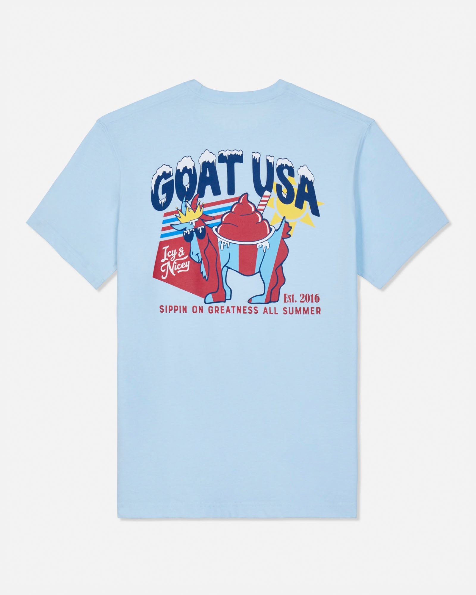 Light blue t-shirt with colorful graphic design on a white background
