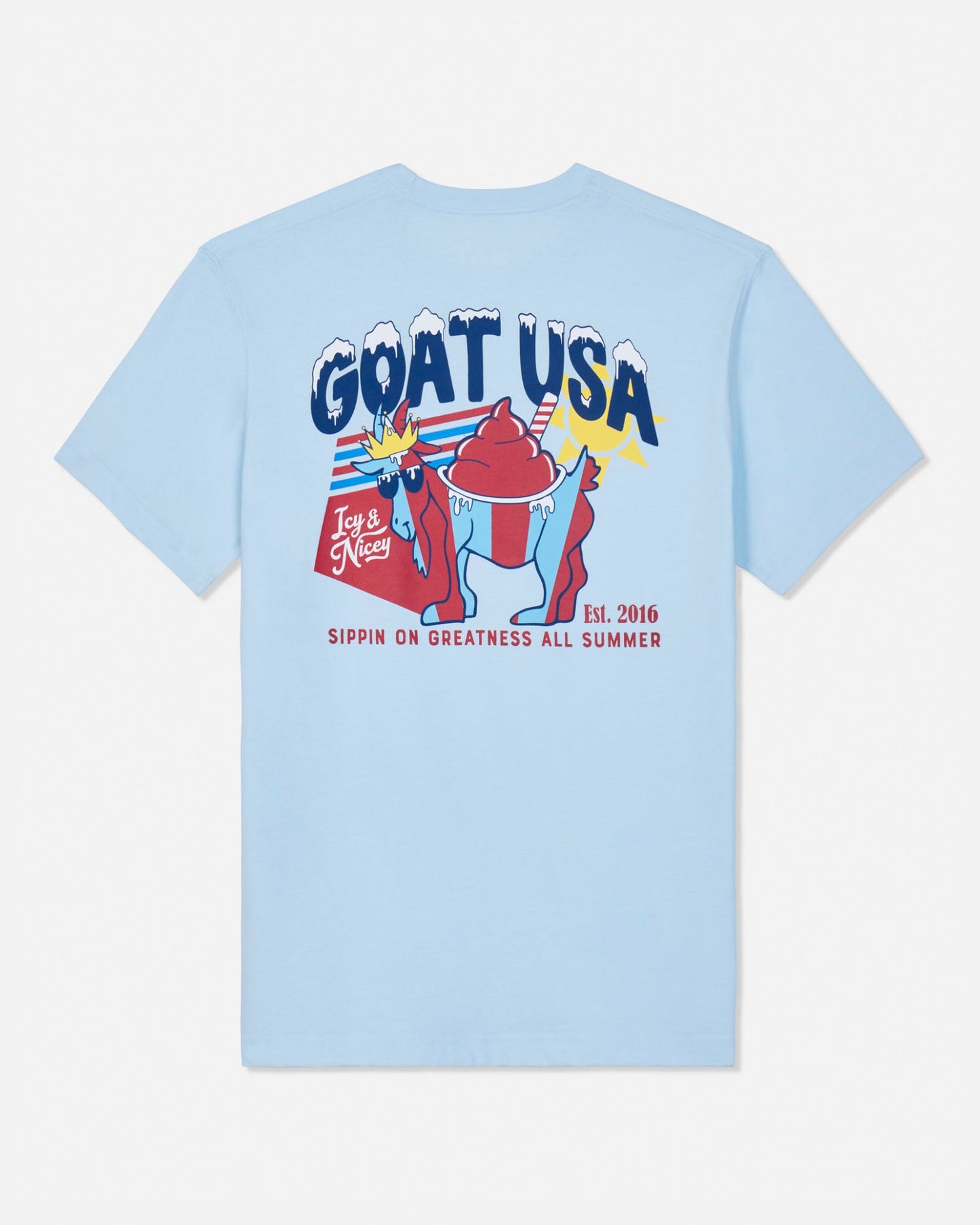 Light blue t-shirt with colorful graphic design on a white background