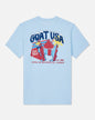 Light blue t-shirt with colorful graphic design on a white background