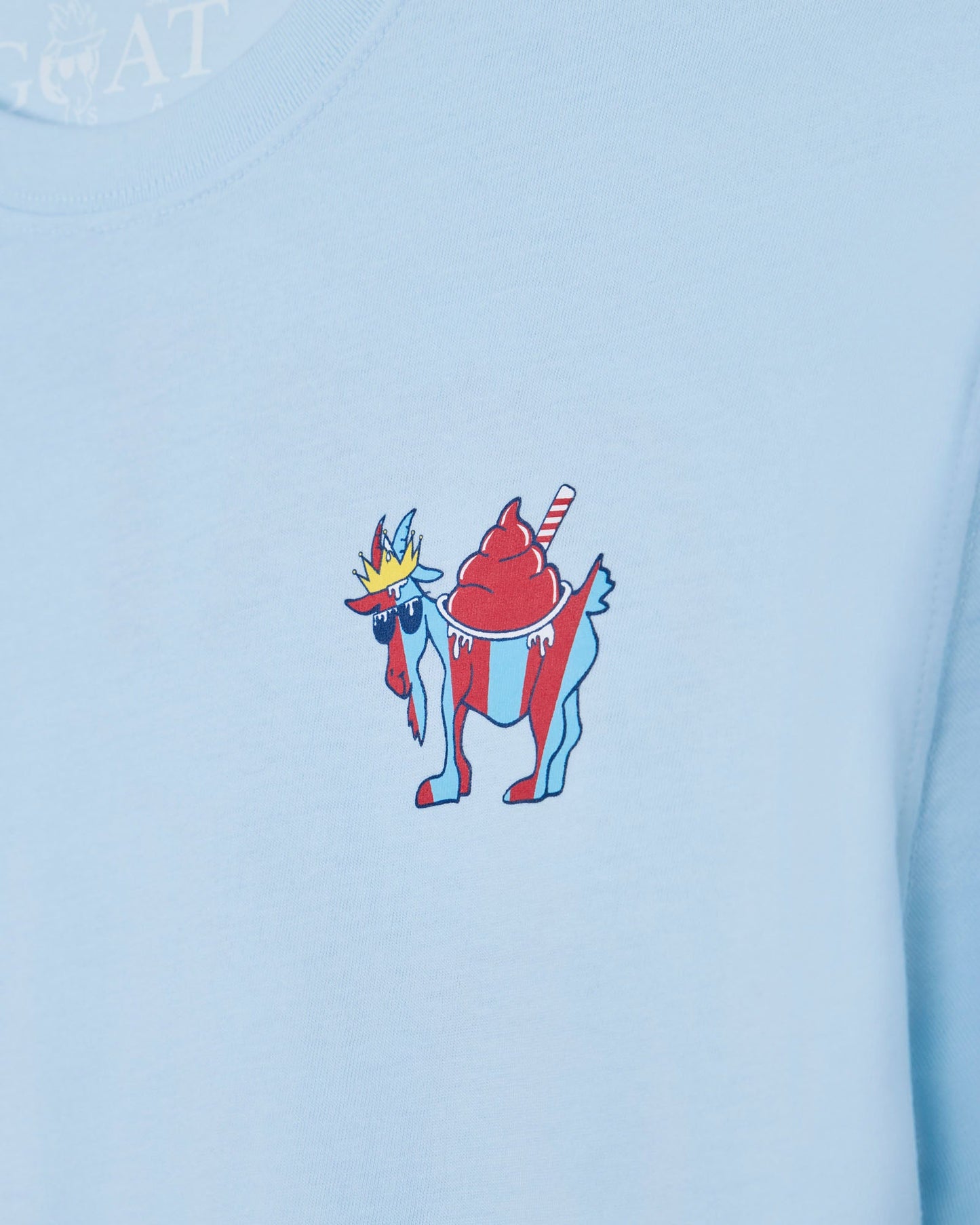 Light blue shirt with a colorful cartoon character