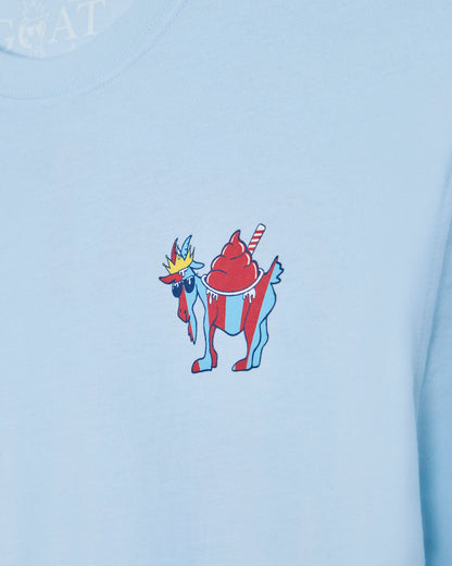 Light blue shirt with a colorful cartoon character
