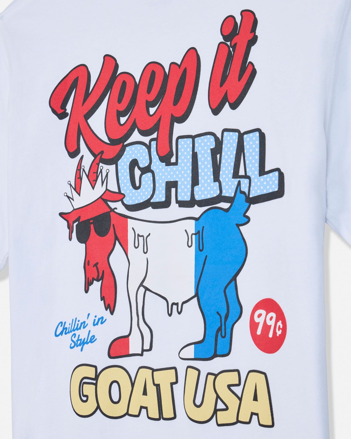 T-shirt with 'Keep it Chill' graphic and cartoon goat design on a white background