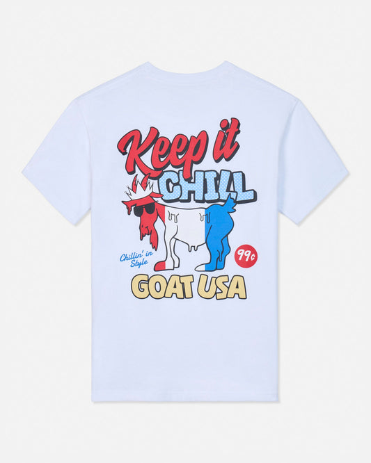 White t-shirt with colorful graphic and text on a white background