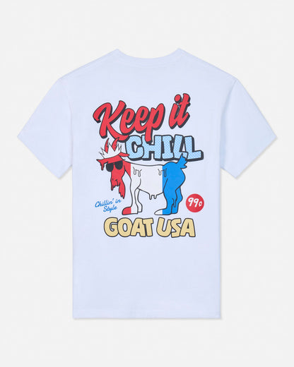 White t-shirt with colorful graphic and text on a white background