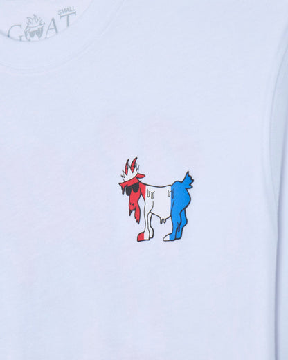 Colorful graphic of a goat on a white background.