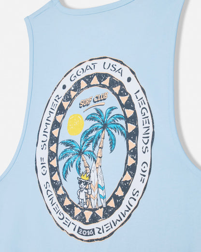 Light blue tank top with palm tree graphic and text on a white background