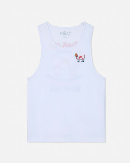White tank top with a goat design and text on a white background