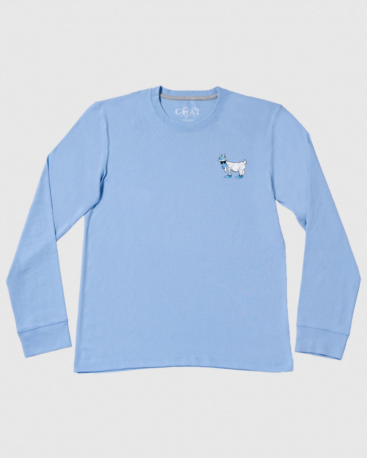 Blue long sleeve with yeti goat left chest logo