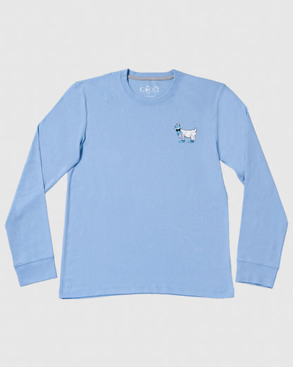 Blue long sleeve with yeti goat left chest logo