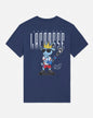 Navy blue t-shirt with cartoon character and 'GOAT USA Lacrosse' text on a white background