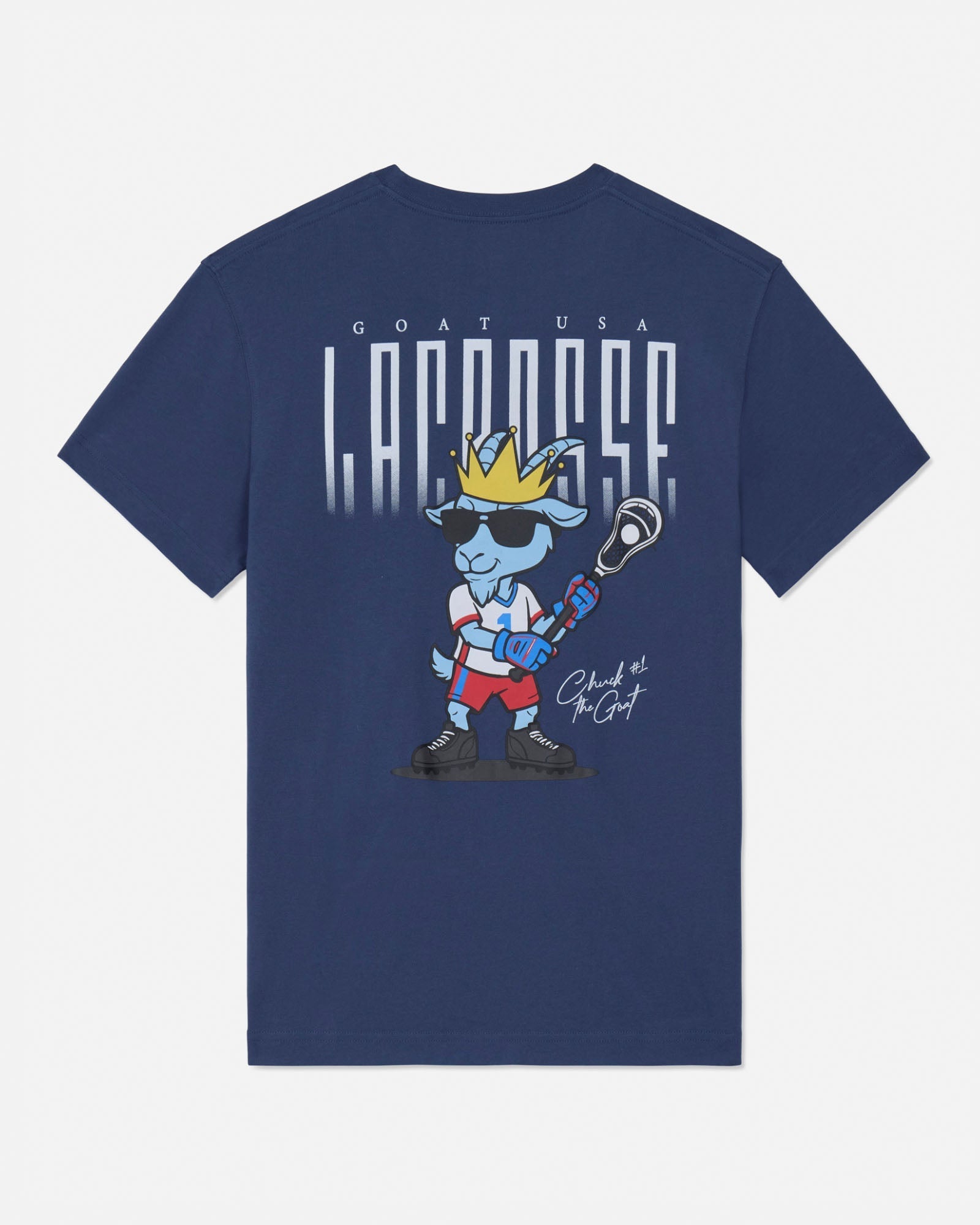 Navy blue t-shirt with cartoon character and 'GOAT USA Lacrosse' text on a white background