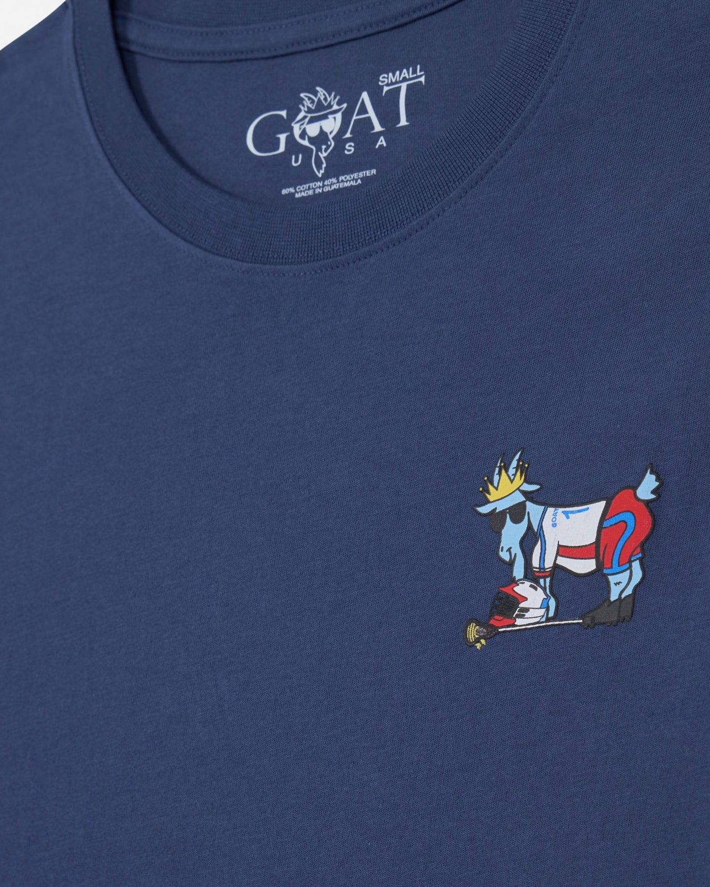 Blue t-shirt with a colorful graphic of a goat and number 1