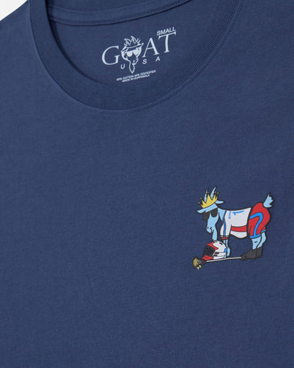 Blue t-shirt with a colorful graphic of a goat and number 1