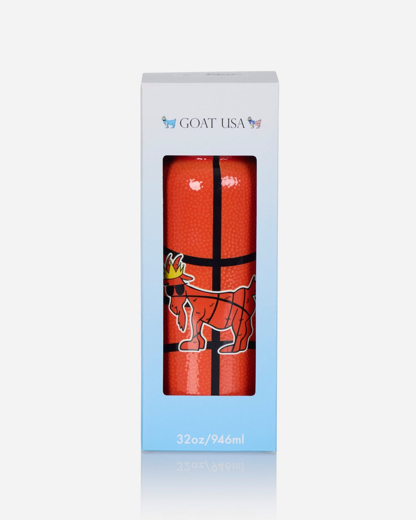 A tall white and light blue retail box with a clear window showing a rolled orange-red item with black grid lines and a white goat outline. The box is branded GOAT USA at the top and reads 32oz/946ml at the bottom.