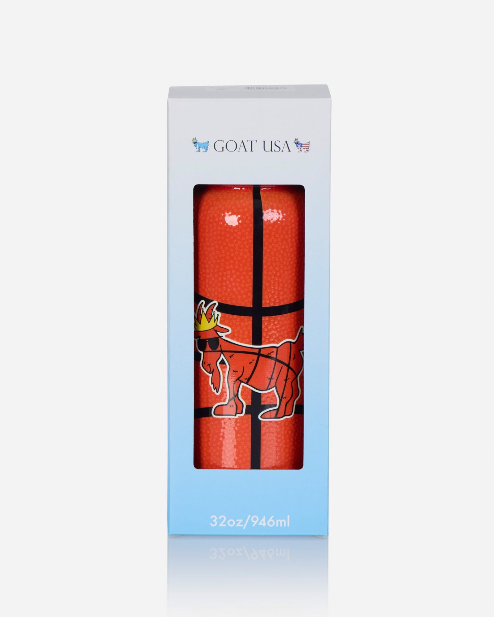 A tall white and light blue retail box with a clear window showing a rolled orange-red item with black grid lines and a white goat outline. The box is branded GOAT USA at the top and reads 32oz/946ml at the bottom.
