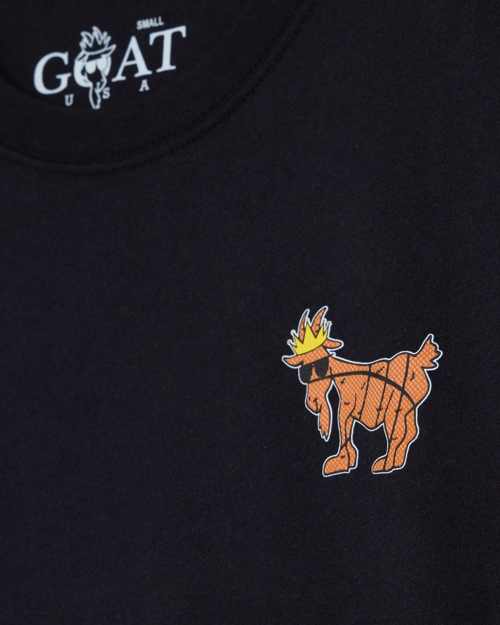 Black t-shirt with a goat graphic and 'GOAT USA' text on a black background