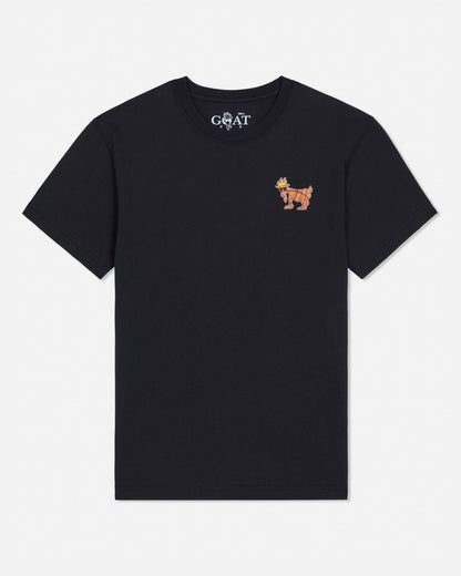 Black t-shirt with a small colorful graphic on a white background