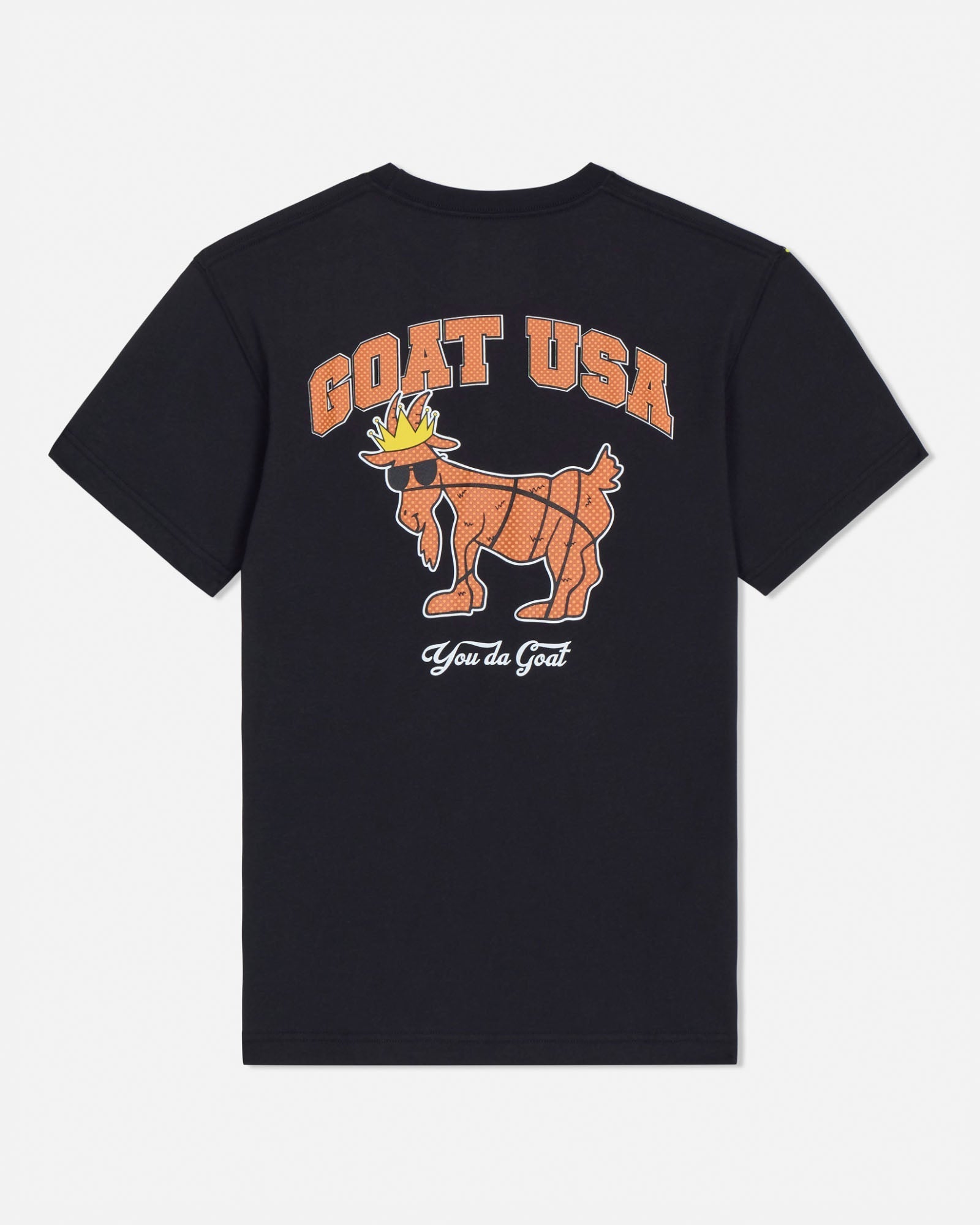 Black t-shirt with 'GOAT USA' graphic design on a white background