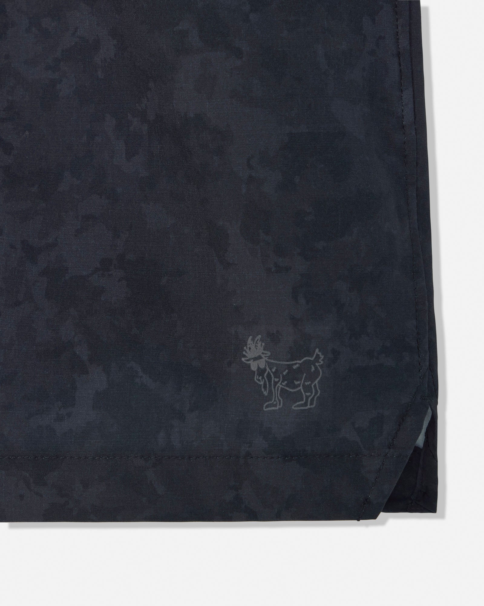 Black fabric with a subtle pattern and a logo on a white background#color_black-camo