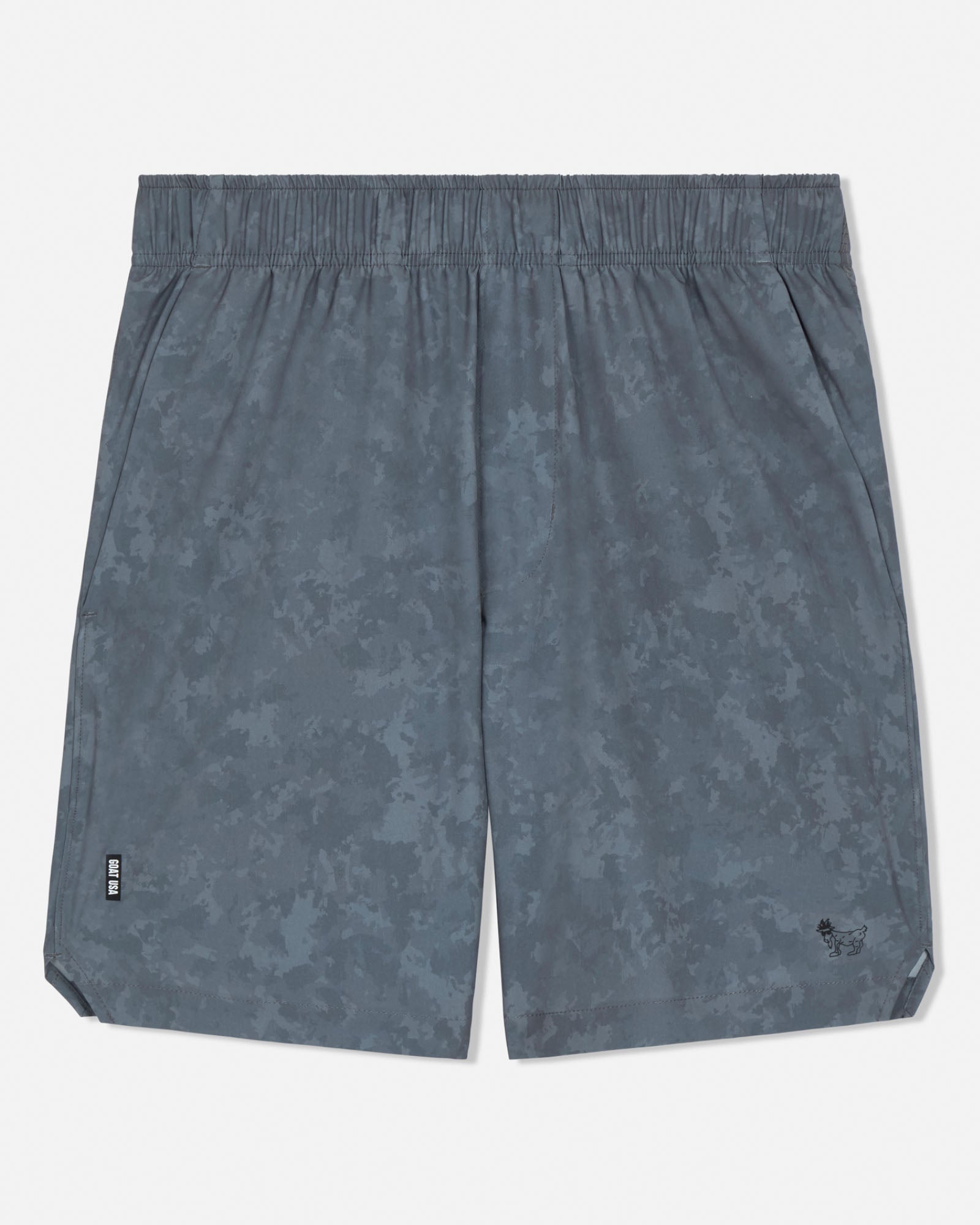 Gray camo patterned shorts on a white background#color_storm-gray-camo