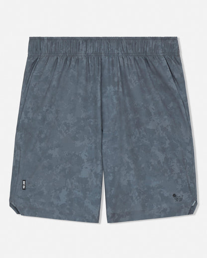 Gray camo patterned shorts on a white background#color_storm-gray-camo