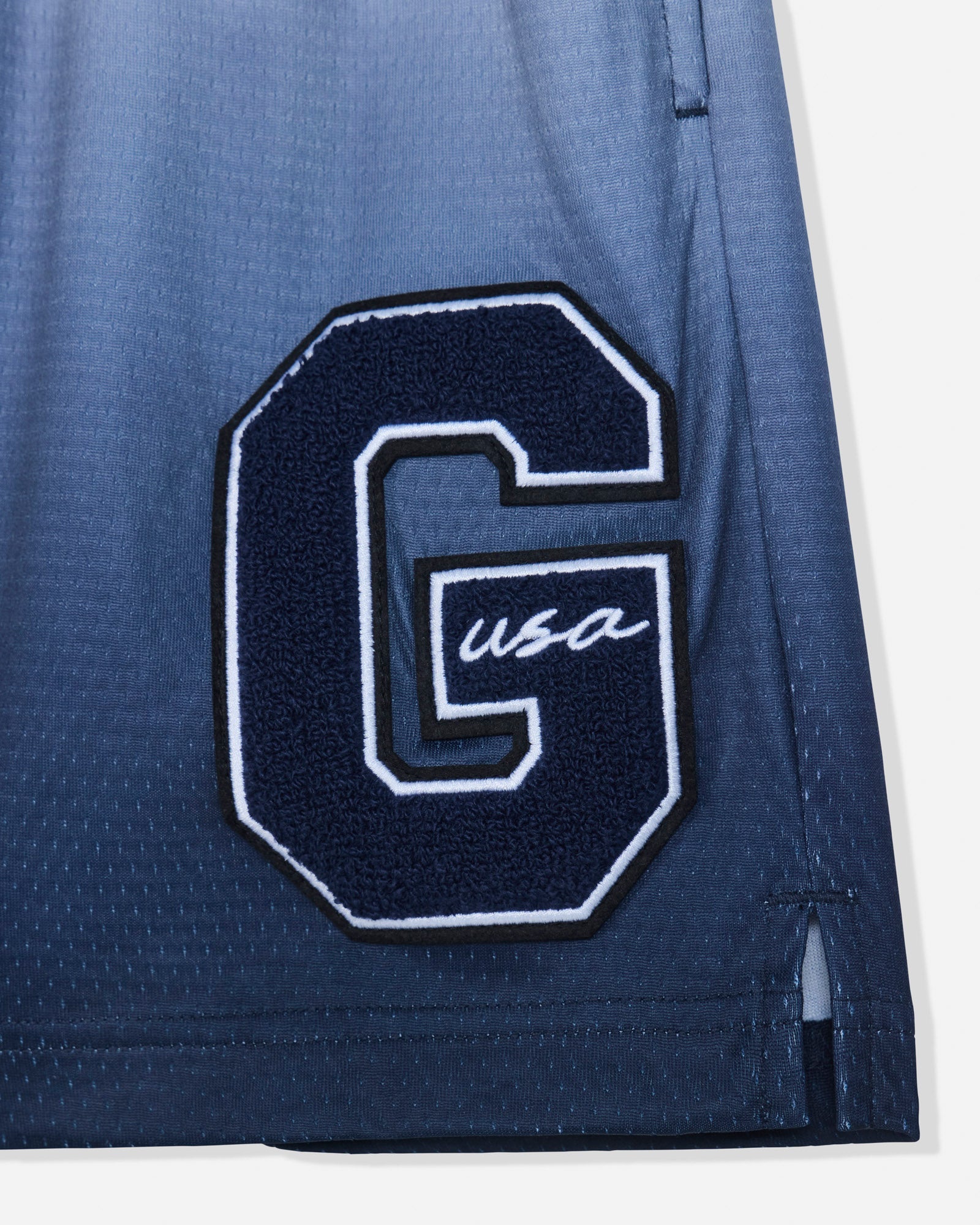 Close-up of 'G'-patch on navy fade mesh shorts#color_navy-blazer