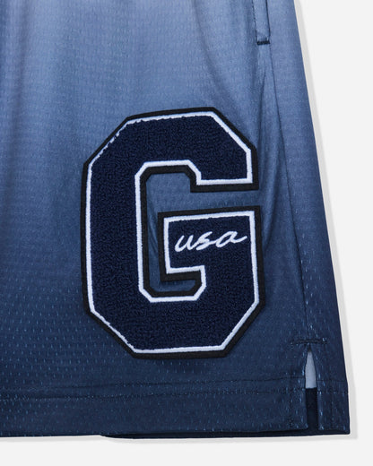 Close-up of 'G'-patch on navy fade mesh shorts#color_navy-blazer