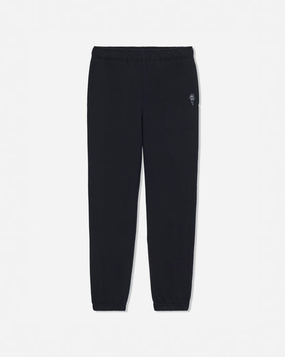 Black sweatpants with an elastic waistband and cuffs, featuring a small embroidered logo on the left hip, displayed against a light gray background.#color_black