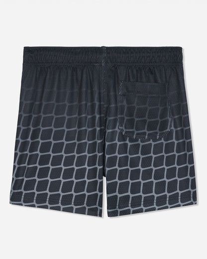 Back of black mesh shorts with a hockey net pattern