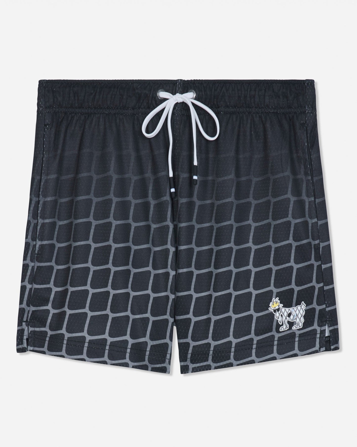 Front of black mesh shorts with a hockey net pattern