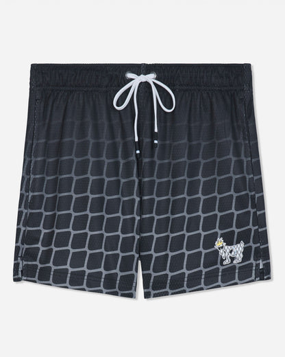 Front of black mesh shorts with a hockey net pattern