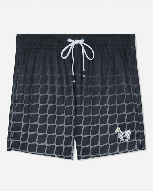 Front of black mesh shorts with a hockey net pattern