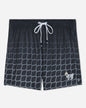 Front of black mesh shorts with a hockey net pattern