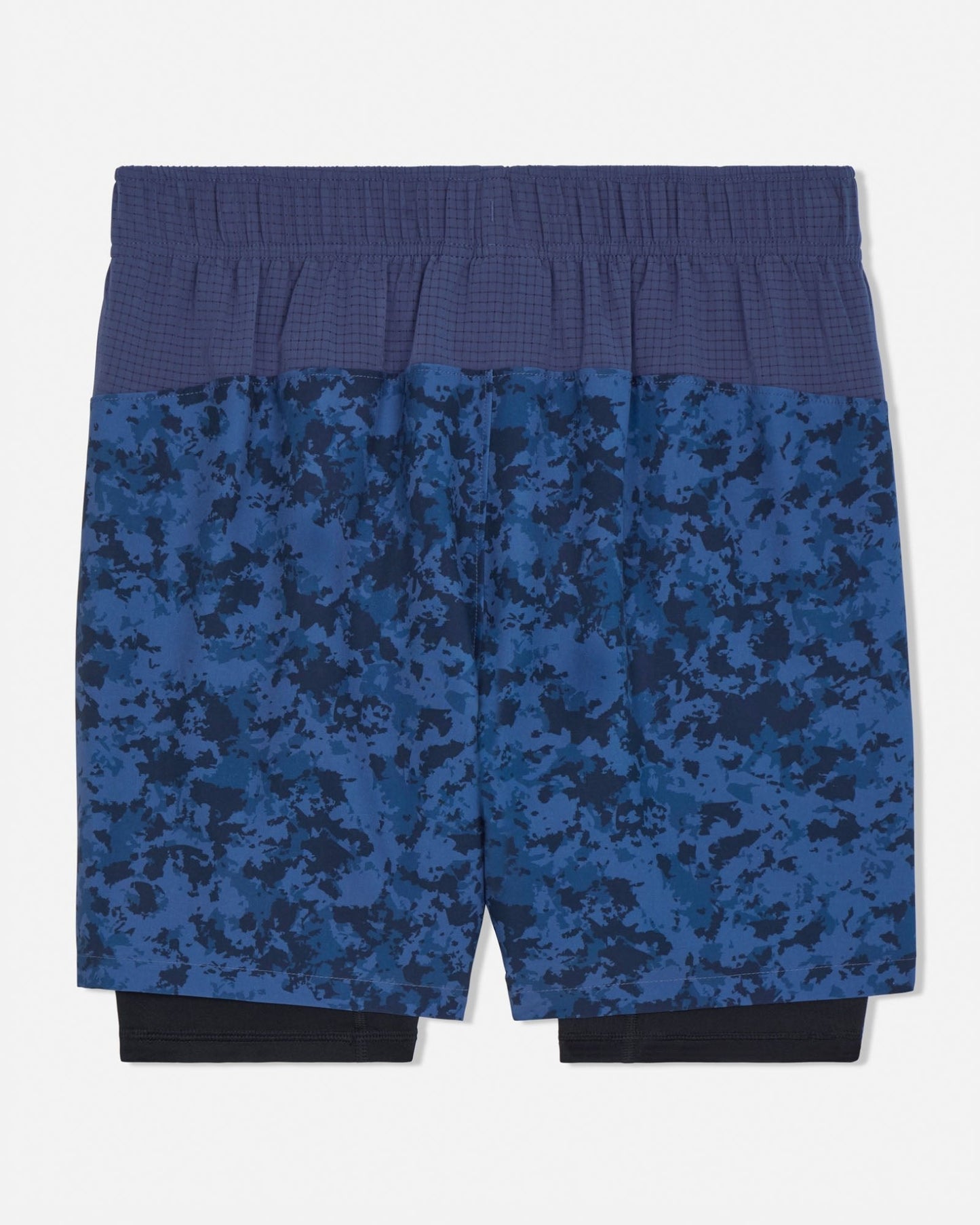 Blue camouflage shorts on a white background#color_navy-camo