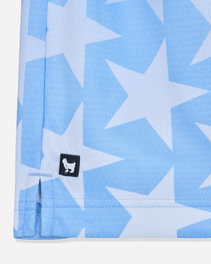 Close-up of rubber patch of carolina blue mesh shorts with a star pattern#color_carolina-blue